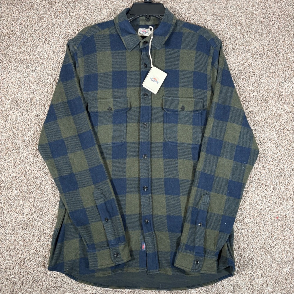 Faherty Legend Sweater Shirt Mens Large Navy Olive Buffalo Plaid MXF2200-NOB